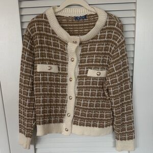 Textured Light Brown and Cream Tweed Cardigan
